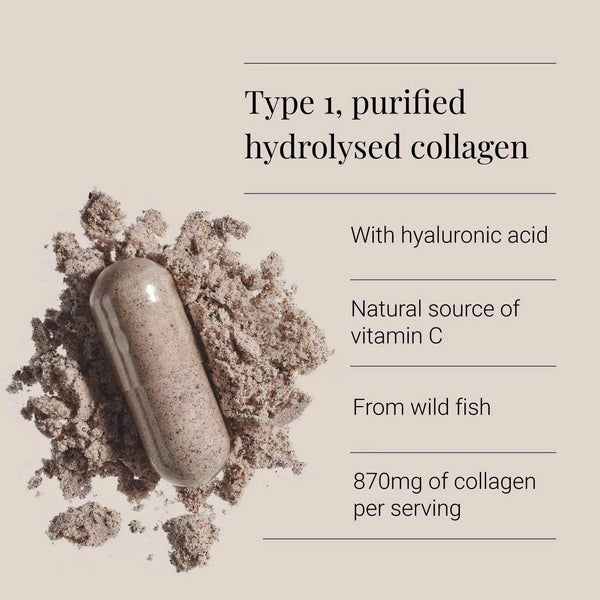 Collagen supplement capsule with powder on a beige background