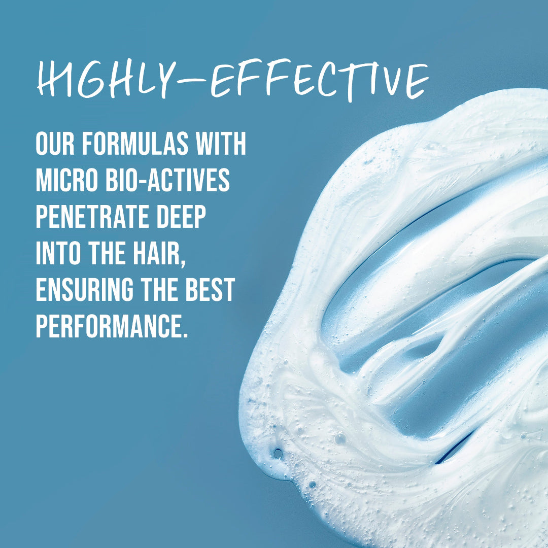 Text about highly-effective hair formulas with micro bio-actives on a blue background with a close-up of white hair product.