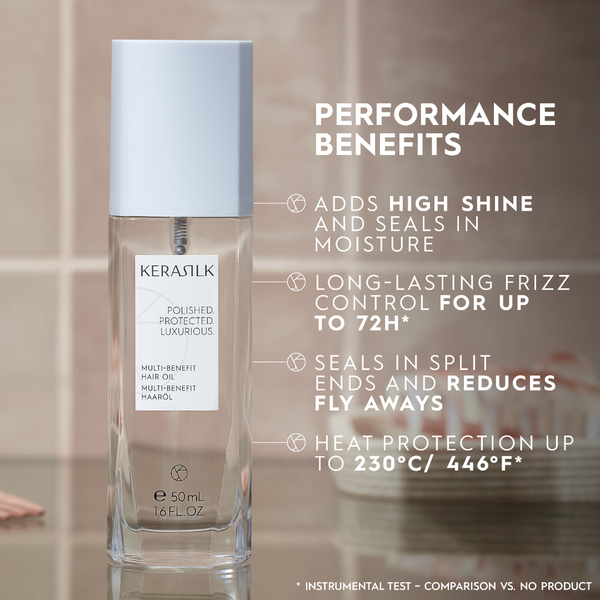 Kerastil hair oil bottle with performance benefits text on a blurred background