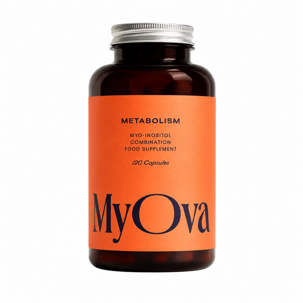 An amber glass supplement bottle with a bright orange label and a silver metal cap, featuring the brand name 'MyOva' in dark navy lettering. The label also reads 'METABOLISM' and 'MYO-INOSITOL COMBINATION FOOD SUPPLEMENT 120 Capsules'.