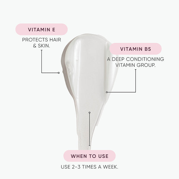 Hair care product with vitamin labels and usage instructions on a white background