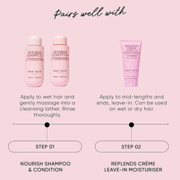 Hair care product set with shampoo, conditioner, and crème leave-in moisturiser on a pink background.