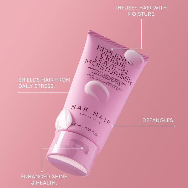 Pink tube of NAK Hair Replenish Leave-In Moisturizer on a pink background with text highlighting benefits.