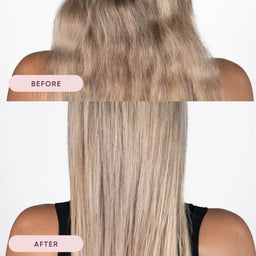 Before and after comparison of hair color treatment on a person with blonde hair.