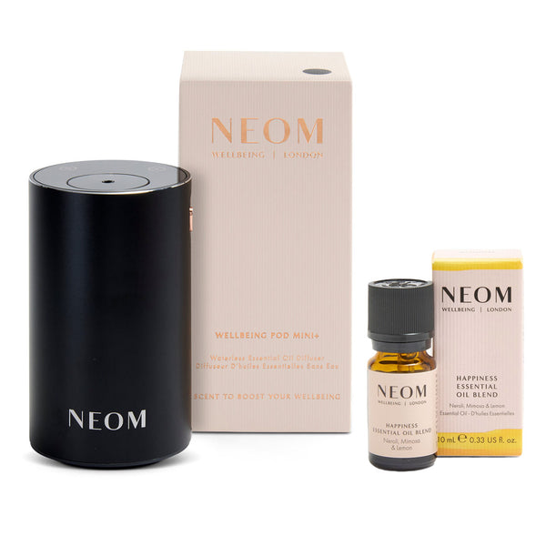 NEOM Wellbeing Pod Mini+ Waterless Essential Oil Diffuser - Black and Happiness Essential Oil Blend Duo (Worth £92)