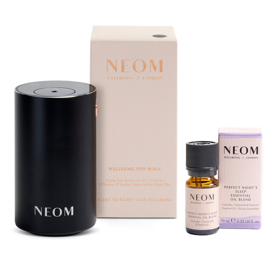 NEOM Wellbeing Pod Mini+ Waterless Essential Oil Diffuser - Black and Perfect Night's Sleep Essential Oil Blend Duo