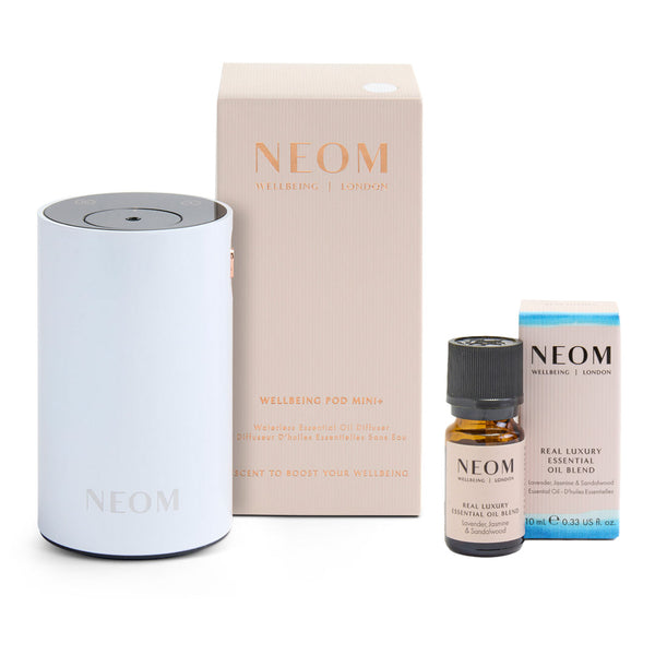 NEOM Wellbeing Pod Mini+ Waterless Essential Oil Diffuser - White and Real Luxury De-Stress Essential Oil Blend Duo (Worth £92)