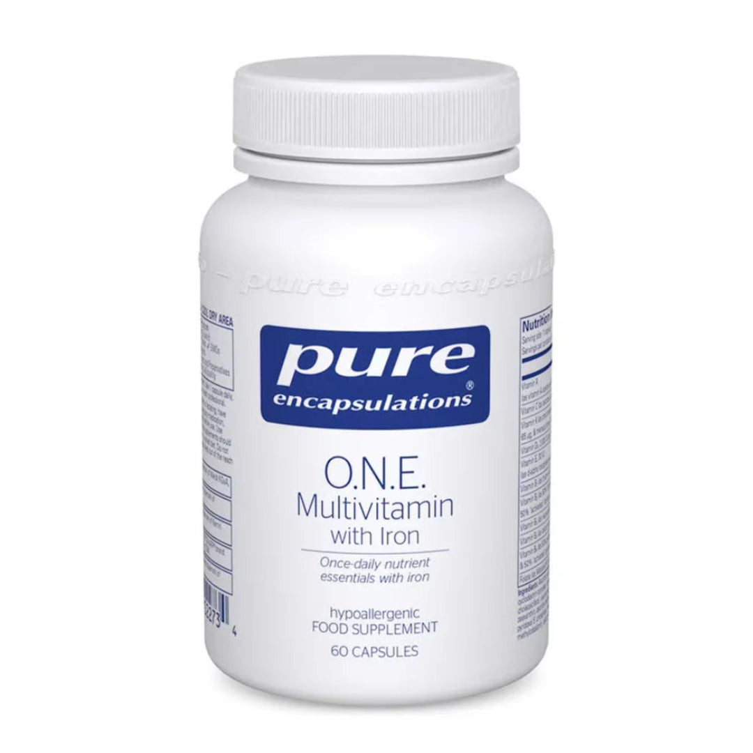 A white plastic bottle of Pure Encapsulations O.N.E. Multivitamin with Iron, 60 capsules, on a clean white background.