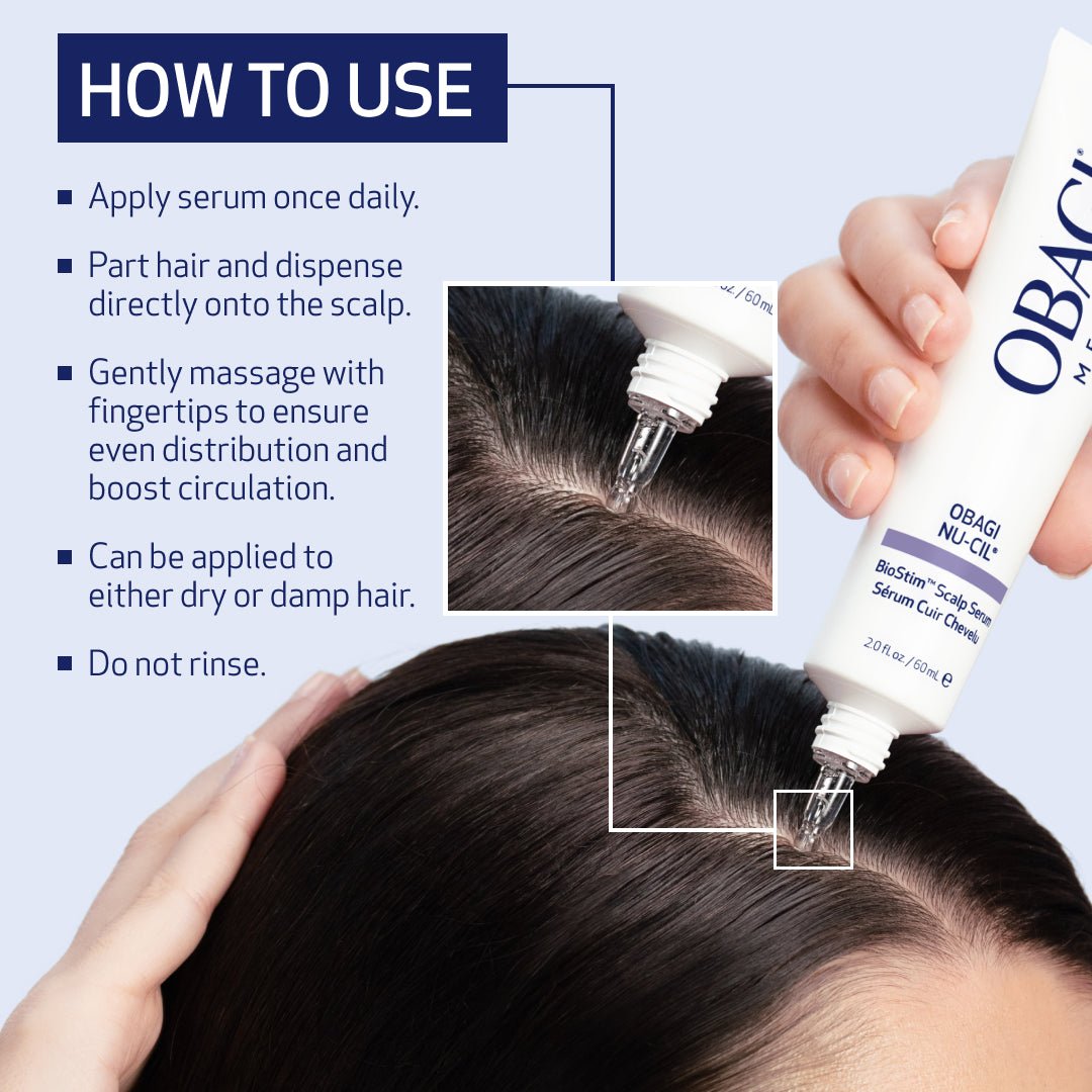 Instructions on how to use a hair serum with OBACIN branding.