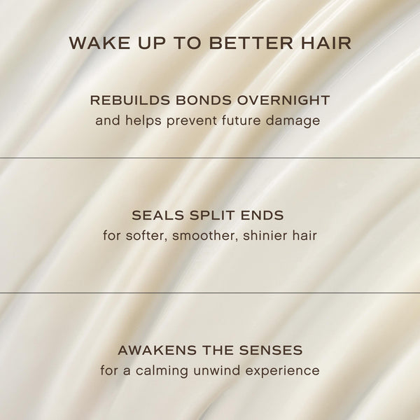 A text-based promotional graphic with a soft cream satin-like background and dark brown lettering. The text reads: 'WAKE UP TO BETTER HAIR,' 'REBUILDS BONDS OVERNIGHT and helps prevent future damage,' 'SEALS SPLIT ENDS for softer, smoother, shinier hair,' and 'AWAKENS THE SENSES for a calming unwind experience.