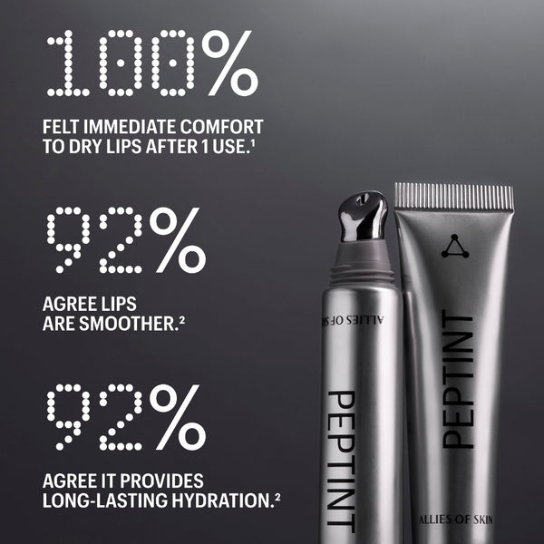 Three silver cosmetic tubes and a bottle labeled PEPTINT are arranged on a dark reflective surface with large white marketing text about dry lips and smoother lips.