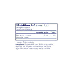 A Nutrition Information label on a white background, showing zinc content and ingredients for a supplement capsule.