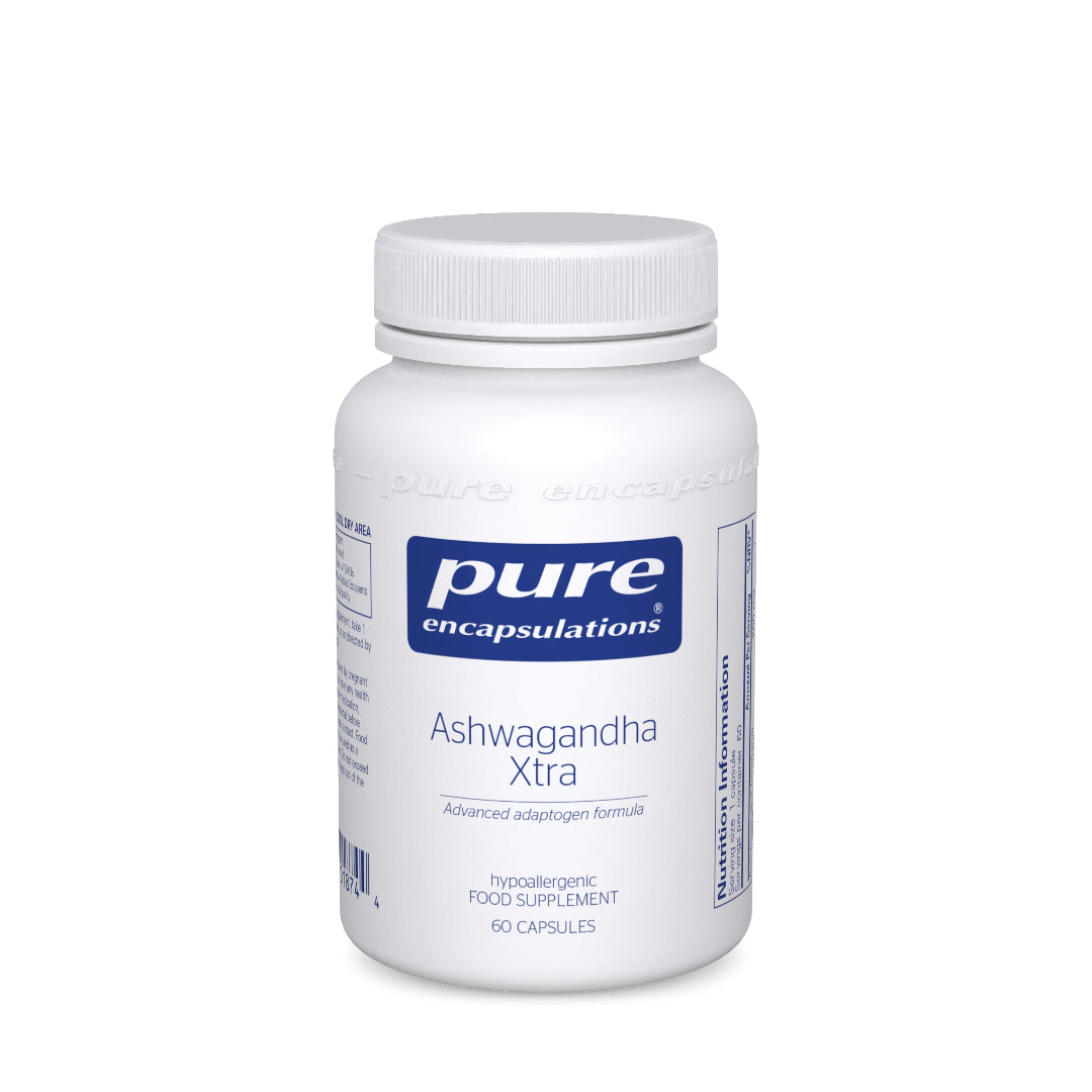 A white plastic bottle of Pure Encapsulations Ashwagandha Xtra dietary supplement, featuring a white ribbed cap and a white label with blue branding and text, set against a plain white background.