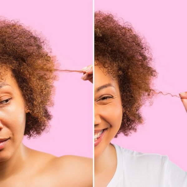Two images of a woman with an afro against a pink background, one showing a close-up of her hair and the other showing her smiling.