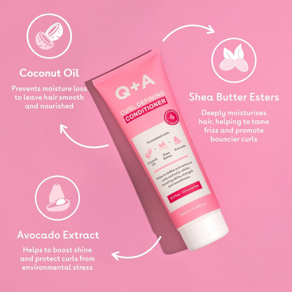 Q+A Curl Defining Conditioner tube with ingredients on a pink background