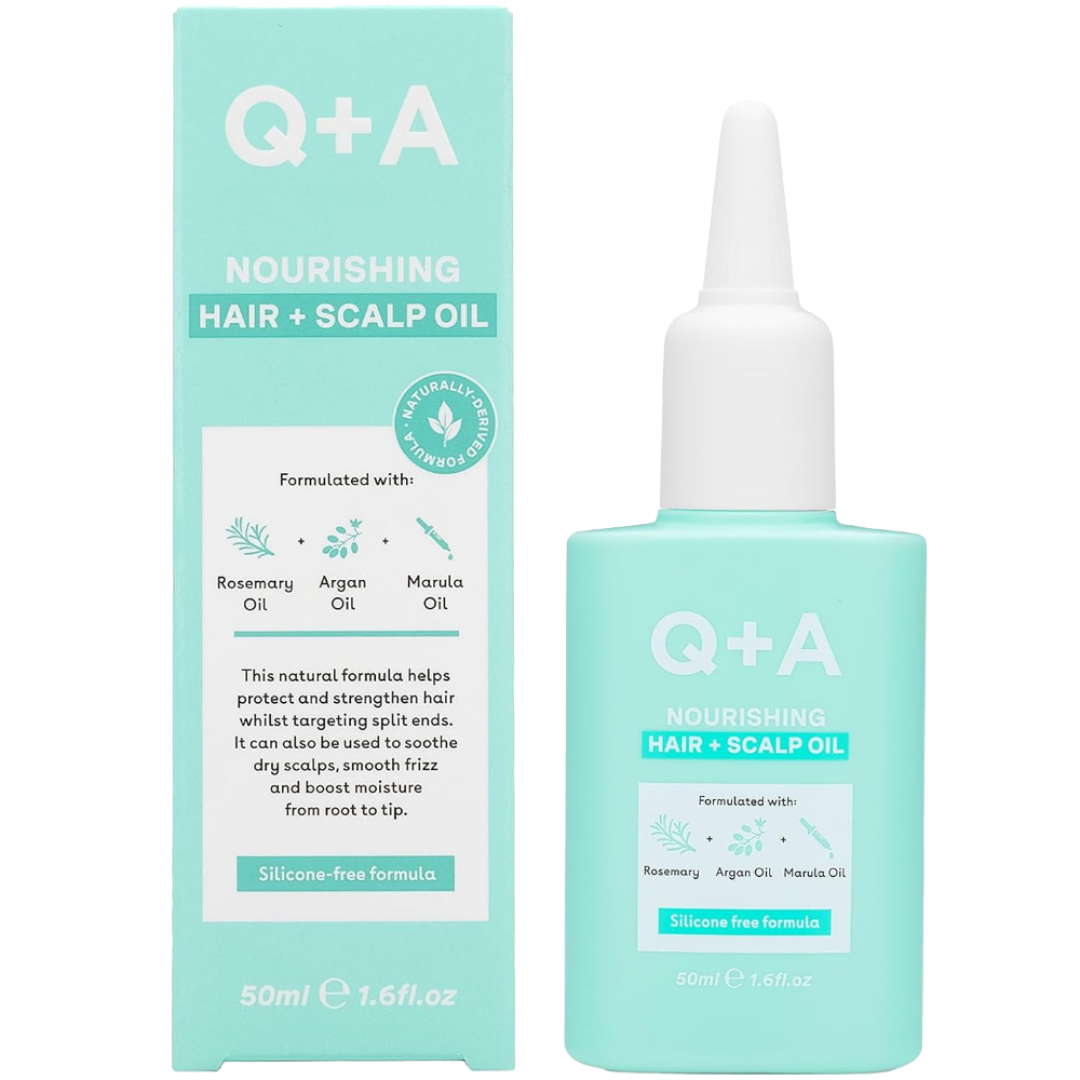 Q+A Nourishing Hair + Scalp Oil with packaging on a white background