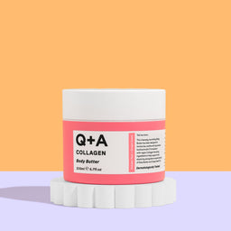Q+A Collagen Body Butter jar on a two-tone background