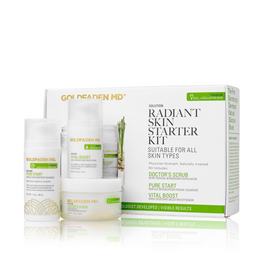 Goldeden MD Radiant Skin Starter Kit containing five skincare products (Pure Start, Vital Boost, Doctor's Scrub, and two jars) arranged in front of its white and green retail box on a reflective white surface.