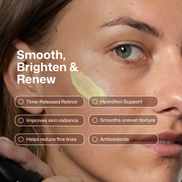 Close-up of a woman's face with a pale yellow cream applied to her cheek, accompanied by marketing text reading 'Smooth, Brighten & Renew' and feature callouts about retinol, hydration, and skin texture.