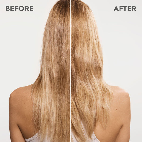 Before and after comparison of a woman's long blonde hair shown from the back, with 'BEFORE' on the left and 'AFTER' on the right against a light gray background.