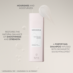 Kerasilk shampoo bottle with text highlighting benefits on a light gray background