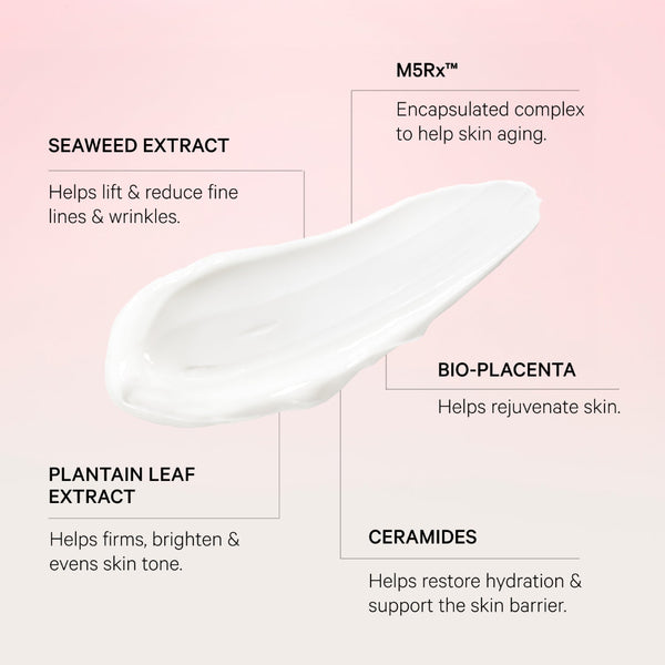 Skincare product with text detailing ingredients and their benefits on a pink background