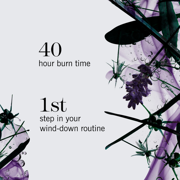 Promotional graphic with text reading '40 hour burn time' and '1st step in your wind-down routine' over an abstract watercolor-style floral scene in purple, black, and white.