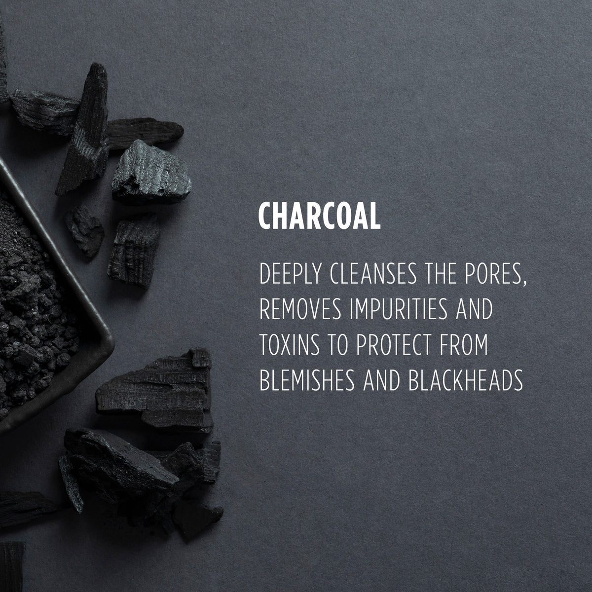 Charcoal pieces and a container on a dark background with text about charcoal's benefits.