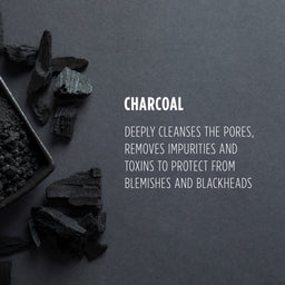 Charcoal pieces and a container on a dark background with text about charcoal's benefits.
