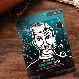 Barber Pro hydrating mask packaging on a wooden surface