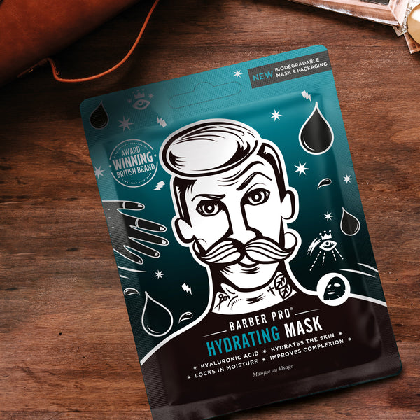 Barber Pro hydrating mask packaging on a wooden surface