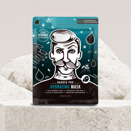 Barber Pro hydrating mask packaging on a textured white background