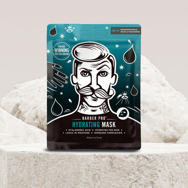 Barber Pro hydrating mask packaging on a textured white background