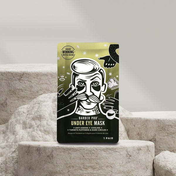 Barber Pro under eye mask packaging on a textured surface
