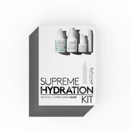 A white product box for the Cultured Botanicals Supreme Hydration Kit, featuring illustrations of skincare bottles on the front, set against a clean white background with a soft drop shadow.