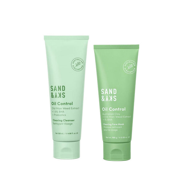 Two Sand & Saks Oil Control skincare tubes in mint green, one for Cleansing Cleanser and one for Oil Control Face Mask, shown on a plain white background.