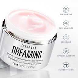 Color Wow Dreaming hair treatment jar with features listed on a white background