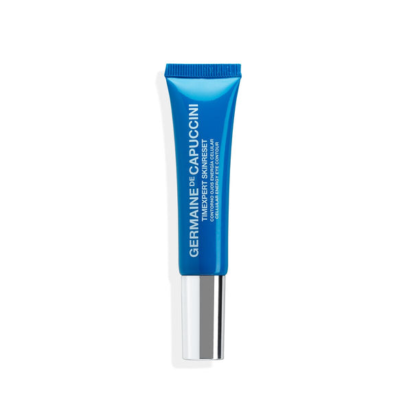 Blue skincare tube with white text on a white background