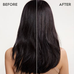 Before and after comparison of long black hair on a plain background