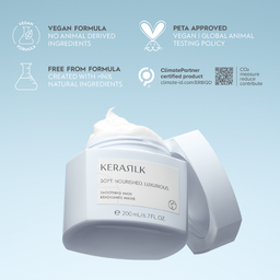 Kerasilk skincare product with certification logos on a light blue background