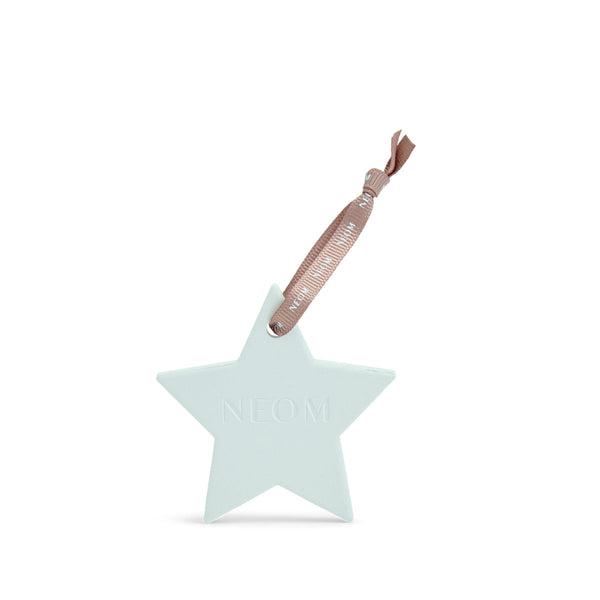 Star-shaped decoration with a pink ribbon on a white background