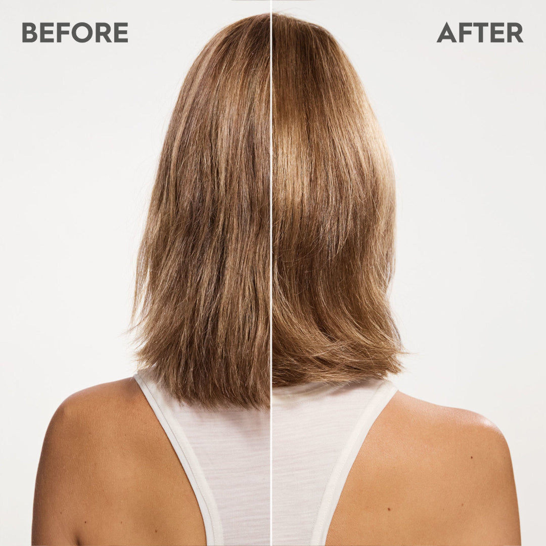 Before and after comparison of a woman's shoulder-length hair on a plain background.