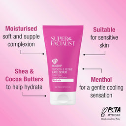 Super Facialist face scrub tube with product features on a pink background