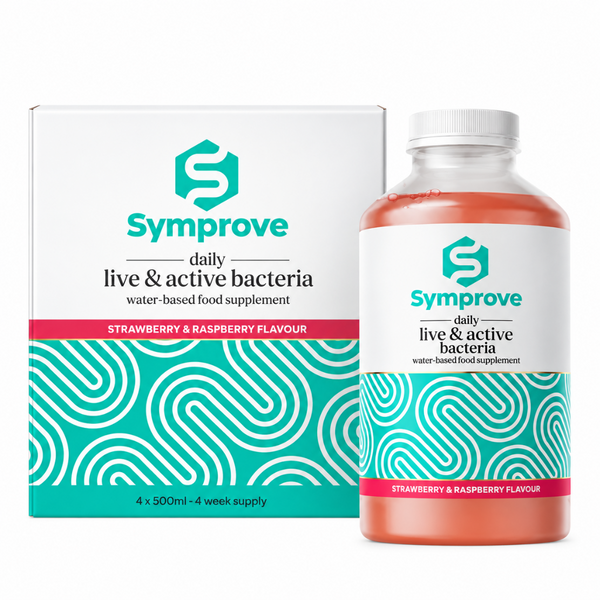 Symprove daily live & active bacteria water-based food supplement bottle and packaging box, strawberry and raspberry flavour, on a white background.