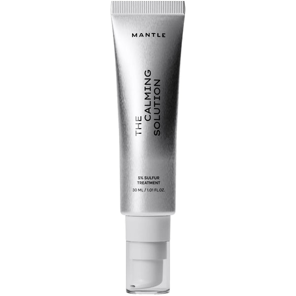 MANTLE The Calming Solution 5% Sulfur Treatment in a metallic silver squeeze tube with a white cap, shown on a plain white background.