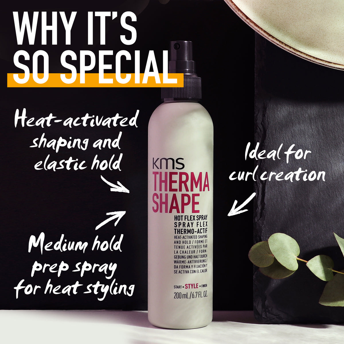 KMS Therma Shape hair spray bottle with text highlighting its features on a black background.