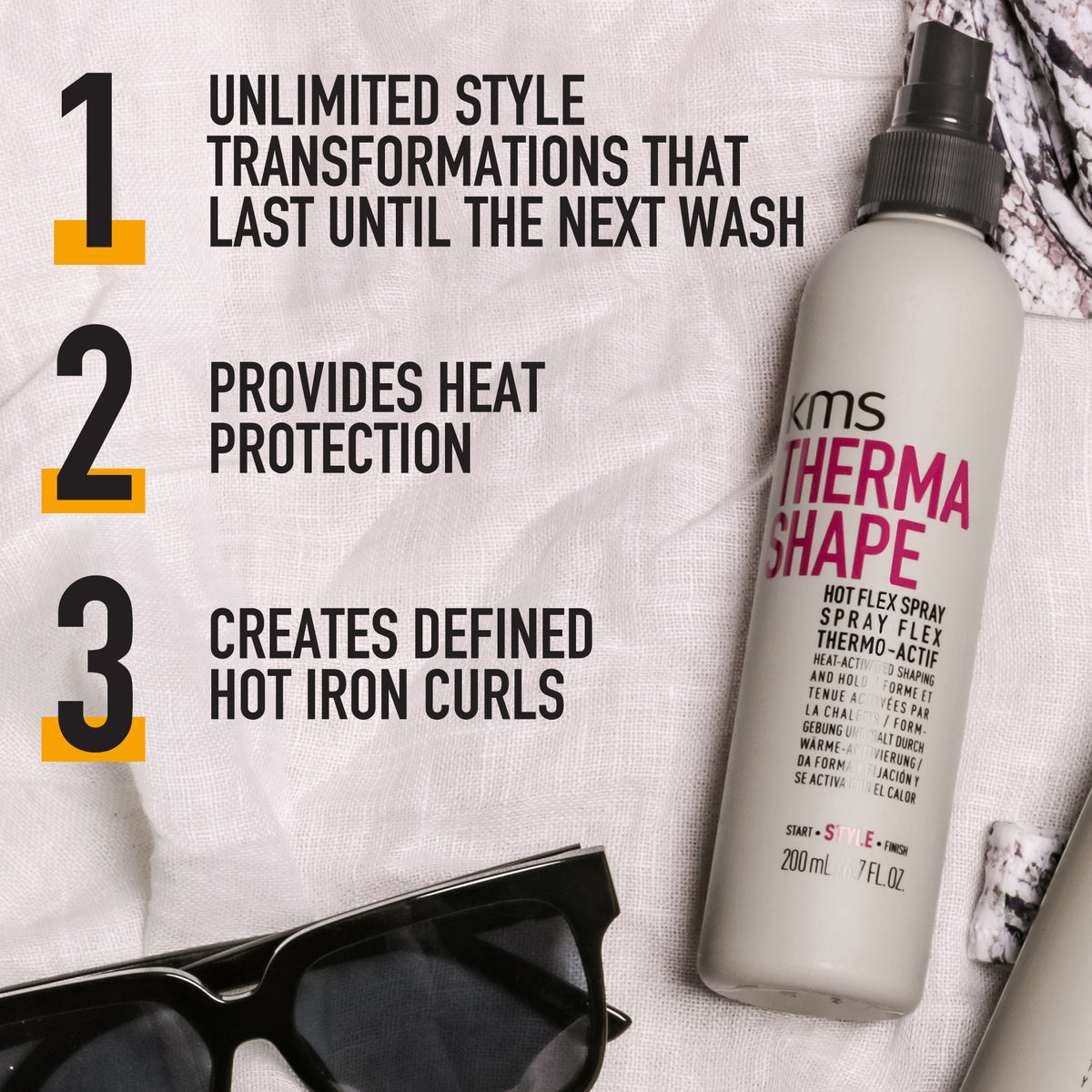 KMS Thermo Shape spray bottle with text highlighting product benefits on a textured background