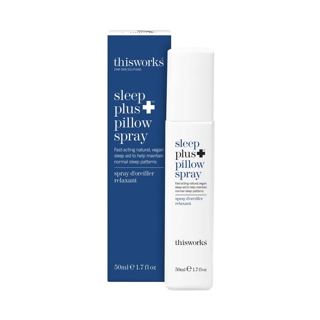 Sleep plus pillow spray by thisworks with blue packaging and white bottle on a white background