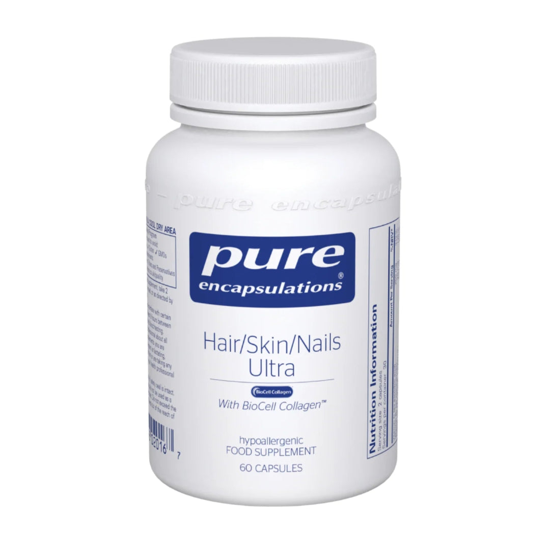 A white bottle of Pure Encapsulations Hair/Skin/Nails Ultra supplement with a blue and white label, on a white background.
