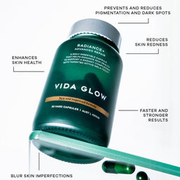 Vida Glow supplement bottle with text highlighting its benefits on a white background